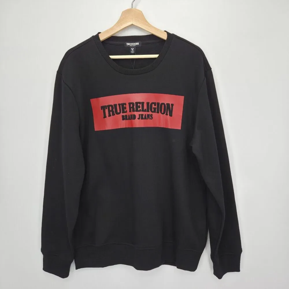 New True Religion Mens Embossed Arch Crewneck Sweatshirt Black Red Large